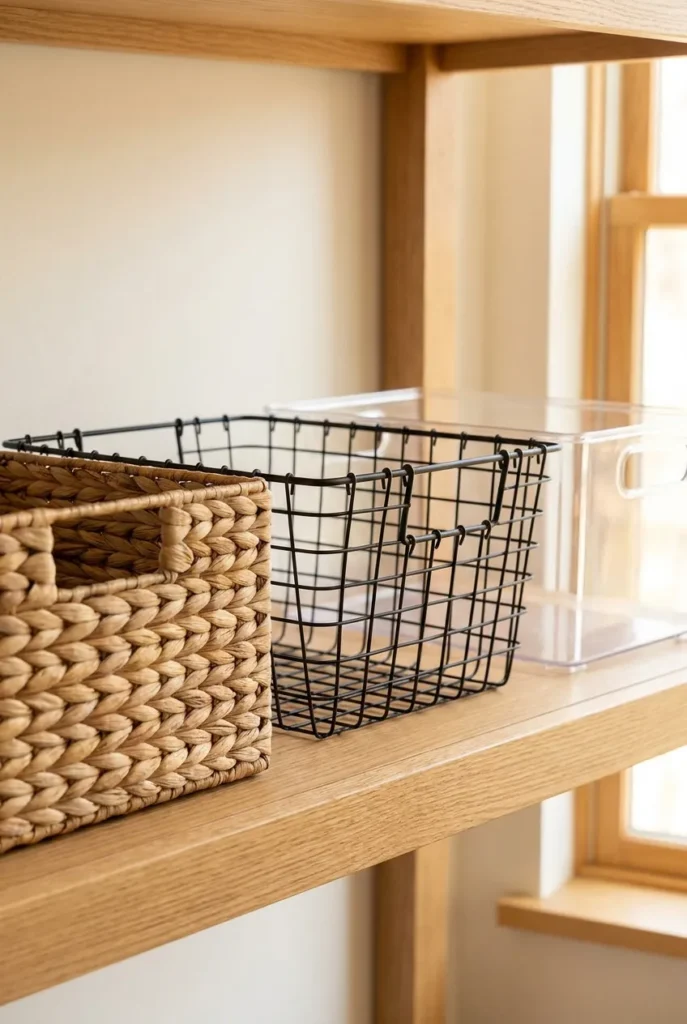 Comparing woven, wire, and clear pantry baskets for different foods