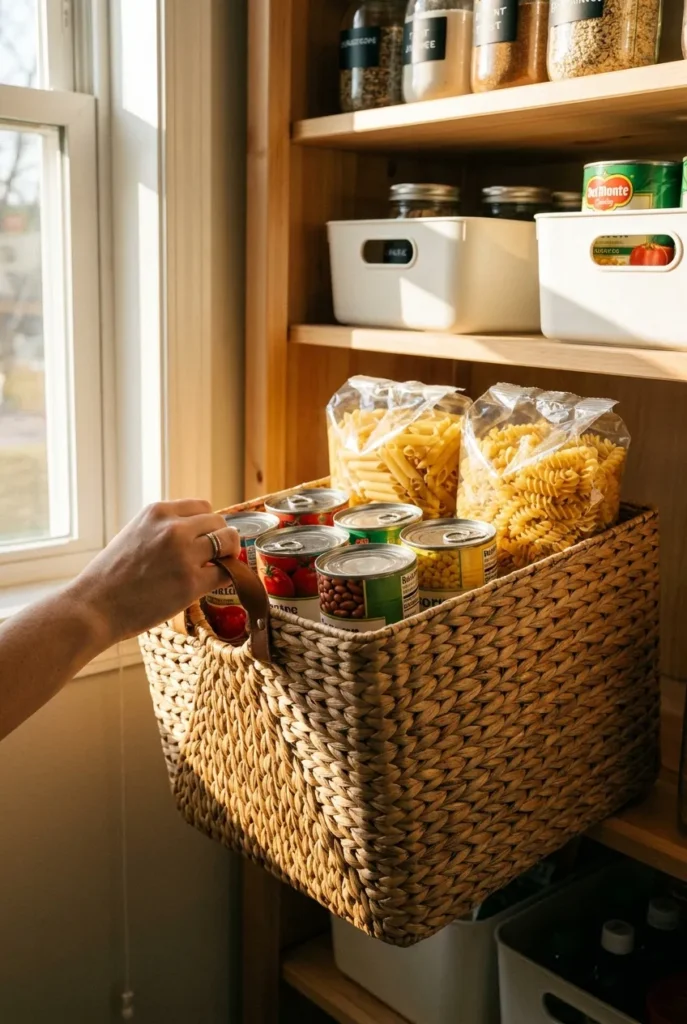 Large floor bin holding pantry backstock and bulk items on a low shelf