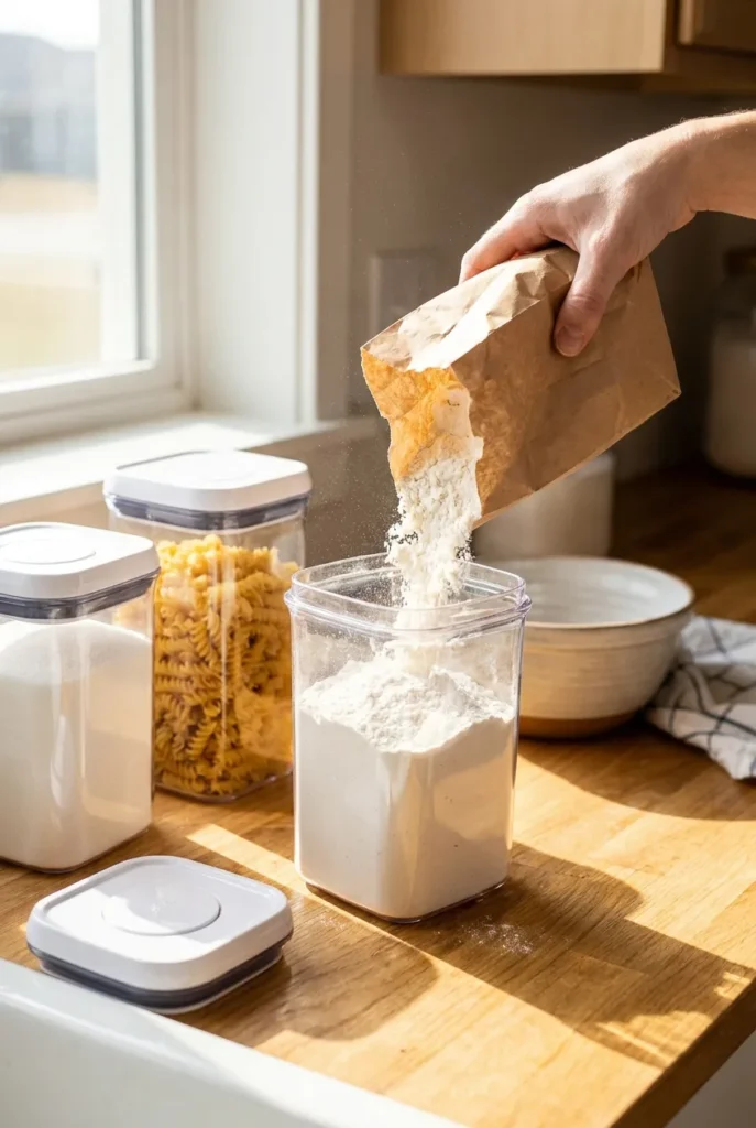 Clear sealed containers holding baking staples instead of open pantry baskets
