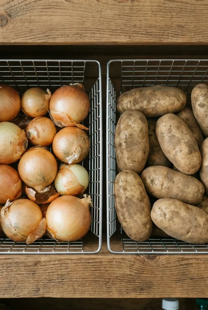Open wire baskets storing onions and potatoes with airflow in a pantry