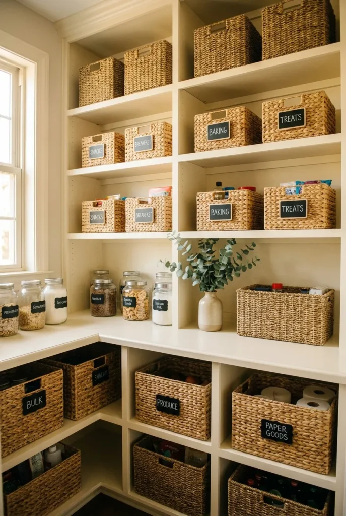 Arranged pantry baskets organization with daily items at eye level