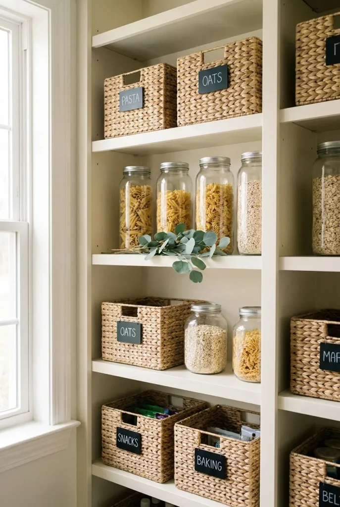 Pantry baskets organization with woven bins and labeled glass jars on cream shelves