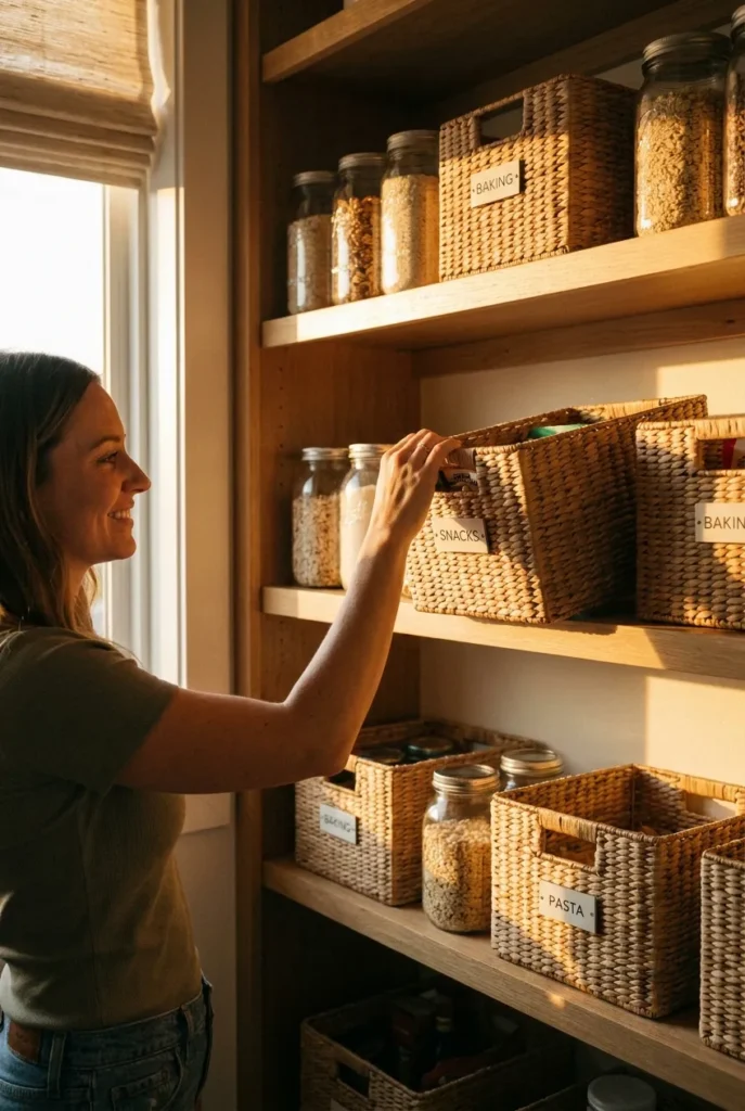 Sliding a labeled basket back into an organized pantry