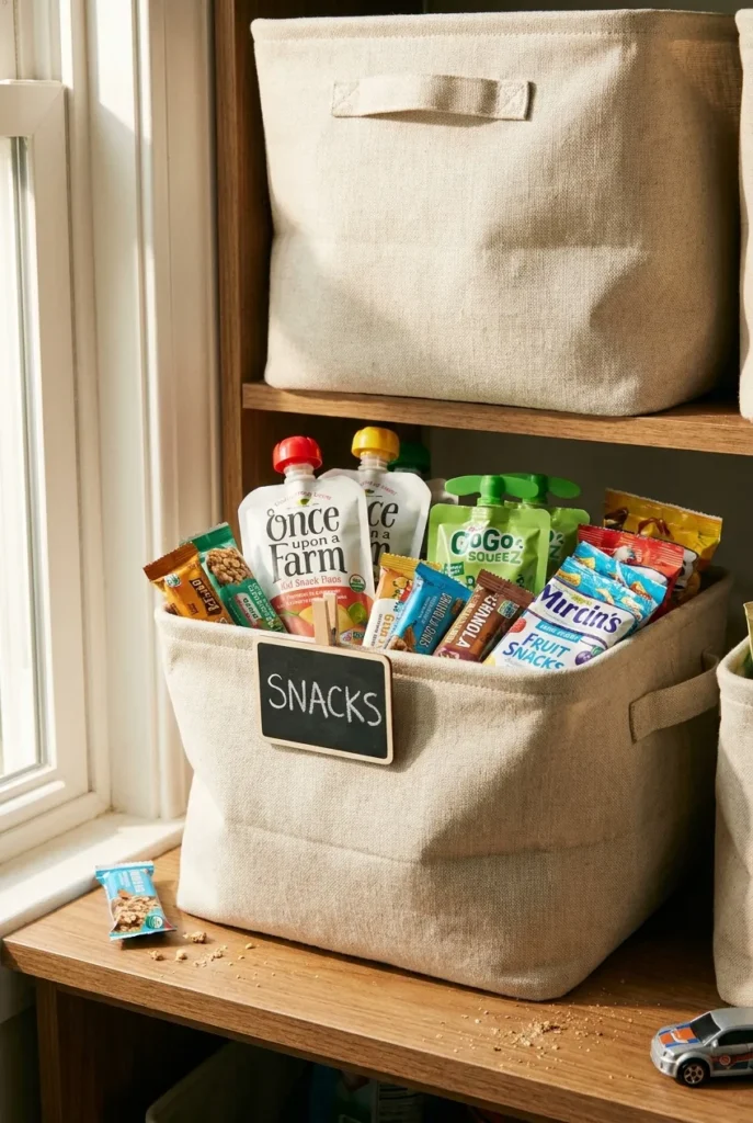 Deep fabric bins organizing pantry snacks and pouches by category