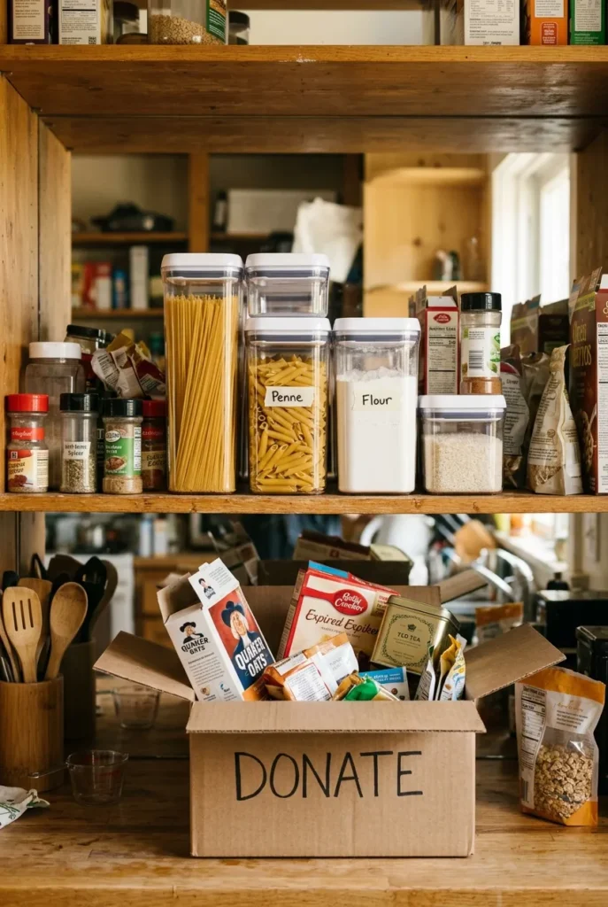 Pantry shelf mid-declutter with clear containers, where to start decluttering the kitchen