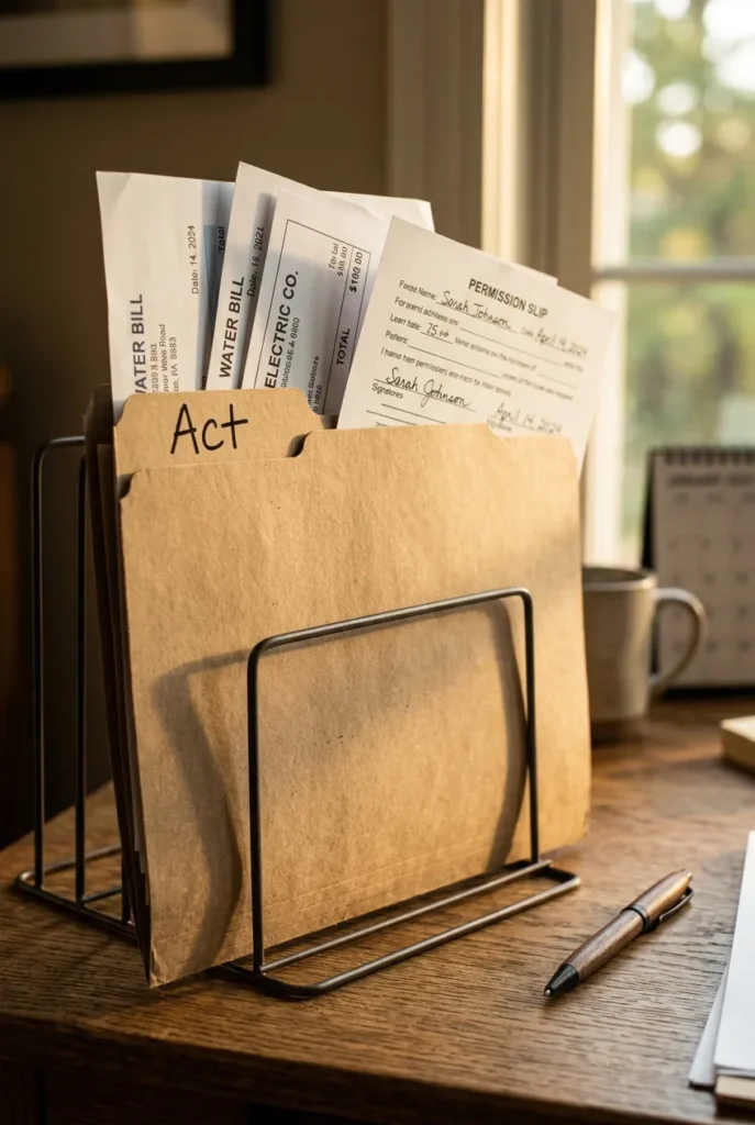 An Act file folder holding bills and forms that need a response