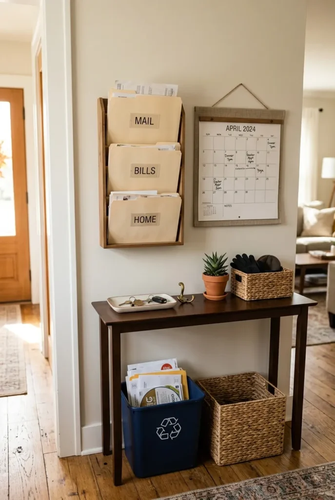 An entryway paper station with a wall file organizer and calendar