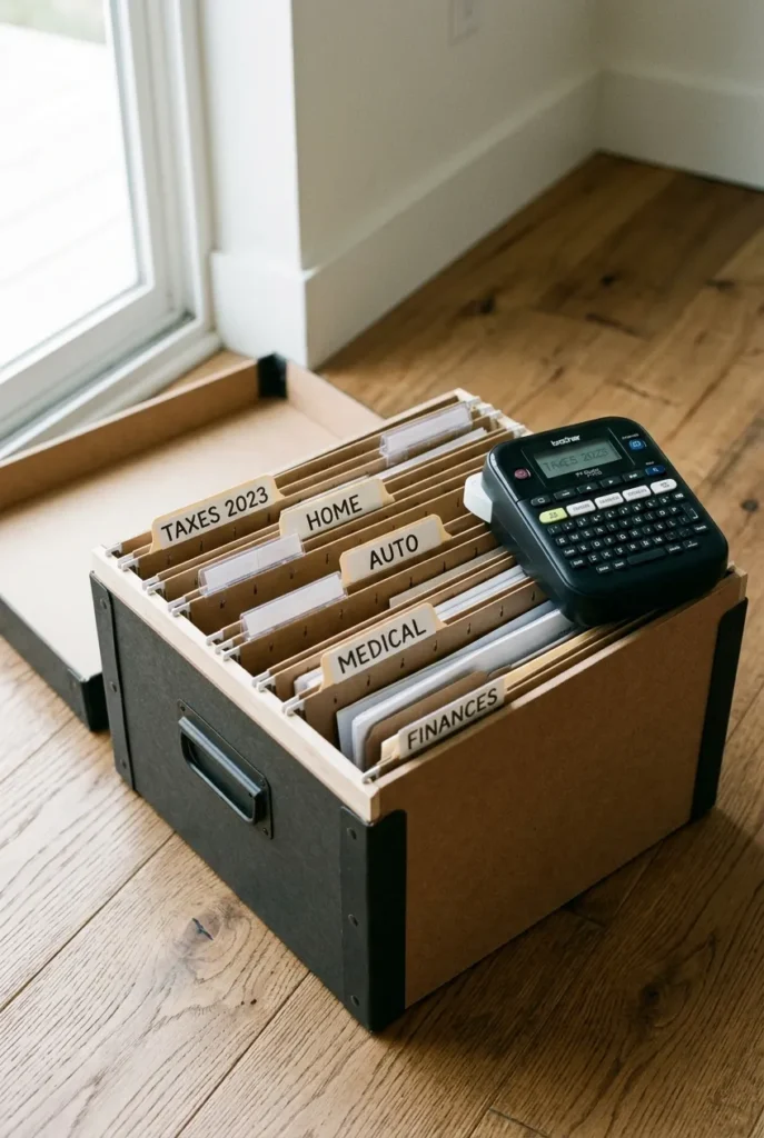 A small file box with broad labeled folders for a home filing system