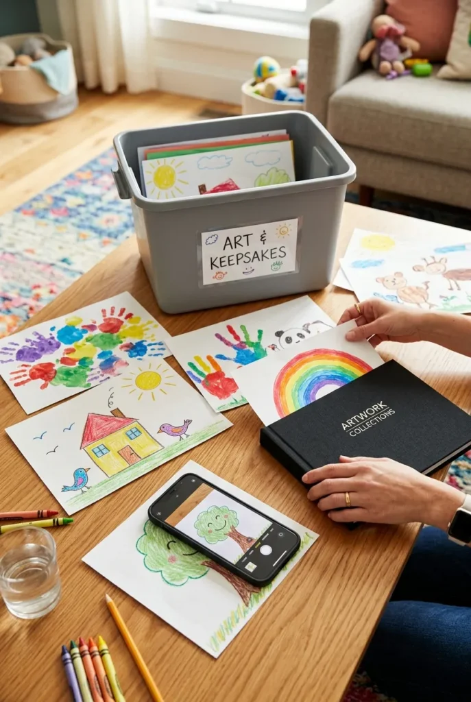 Sorting kids school papers and art into a slim keepsake book