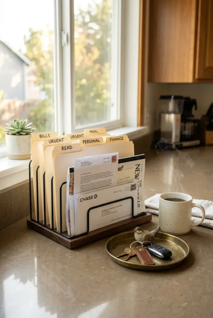 Paper clutter system on a kitchen counter with a labeled mail sorter and key tray