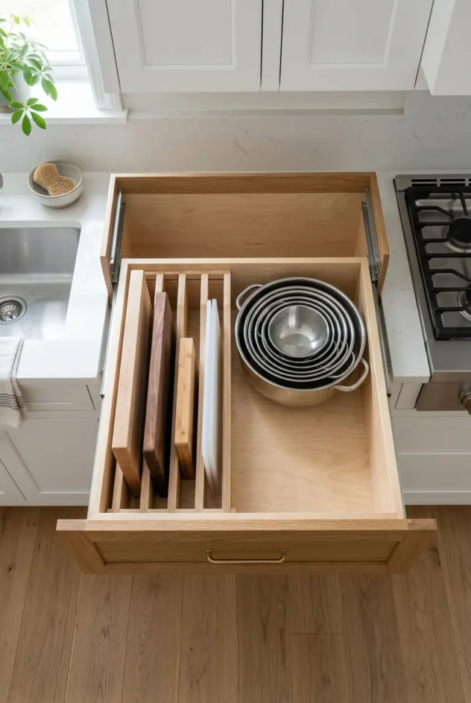 Prep zone drawer with upright cutting boards and nesting mixing bowls