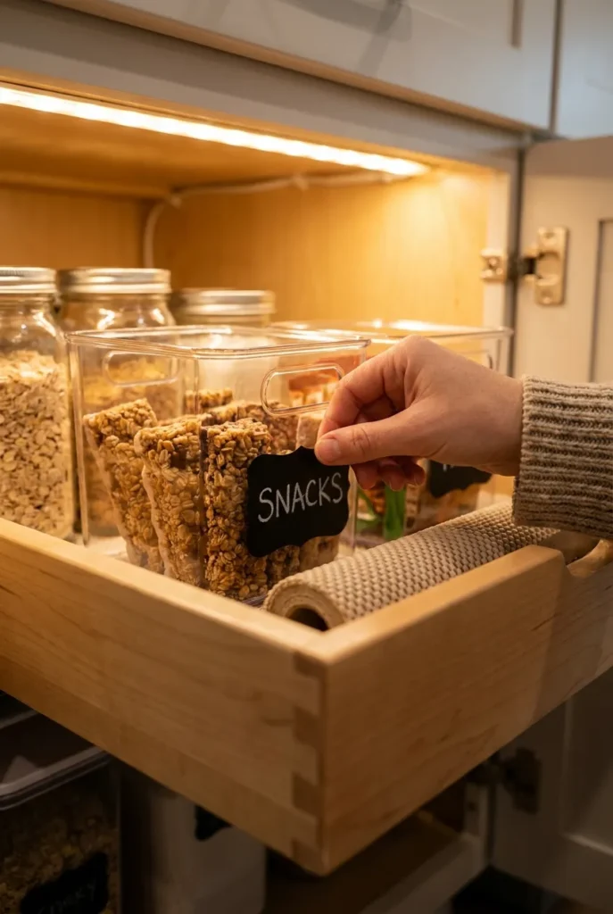 Labeling clear bins and adding grippy liner to a pull-out pantry drawer