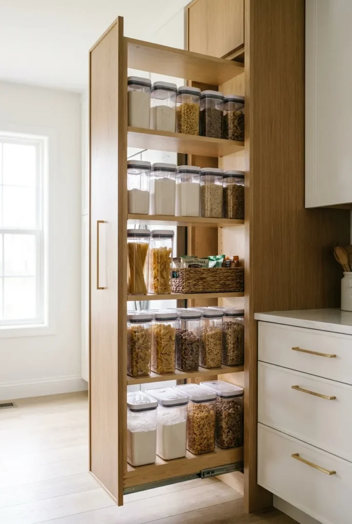 Pull-out pantry organization tower with clear labeled bins and neat food zones