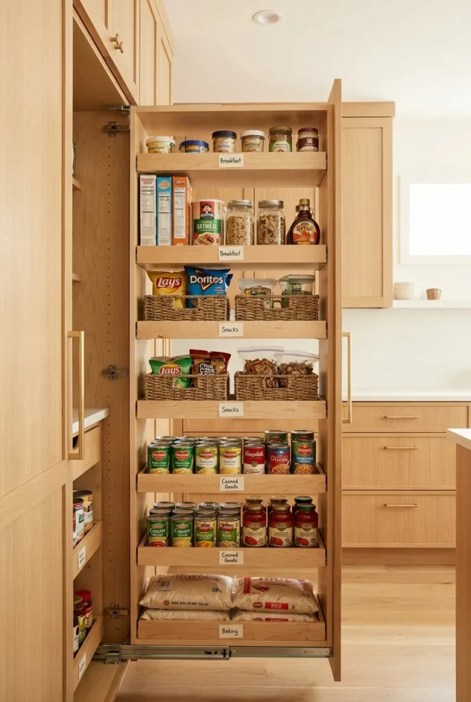 Pull-out pantry zoned by breakfast, snacks, baking, and canned backstock