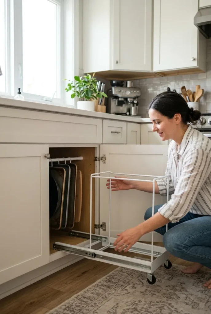 Renter friendly kitchen cabinet layout with freestanding pull-out bin and tension rod