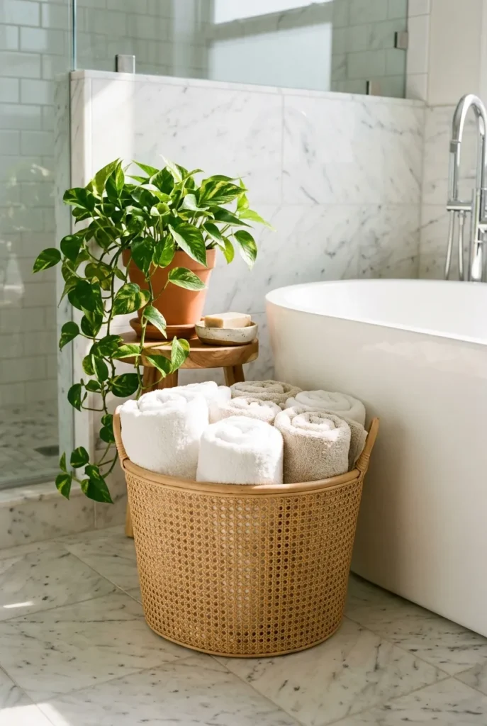 Rolled white towels in a cane basket for a spa-like bathroom aesthetic