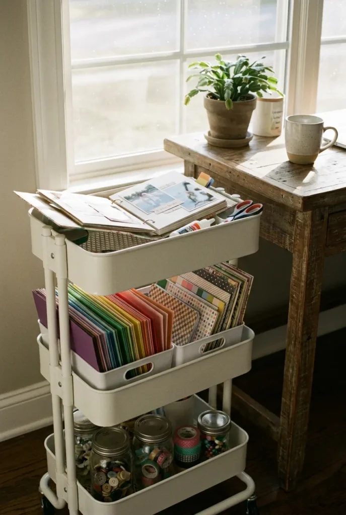Three tier rolling cart holding an active craft project beside a desk