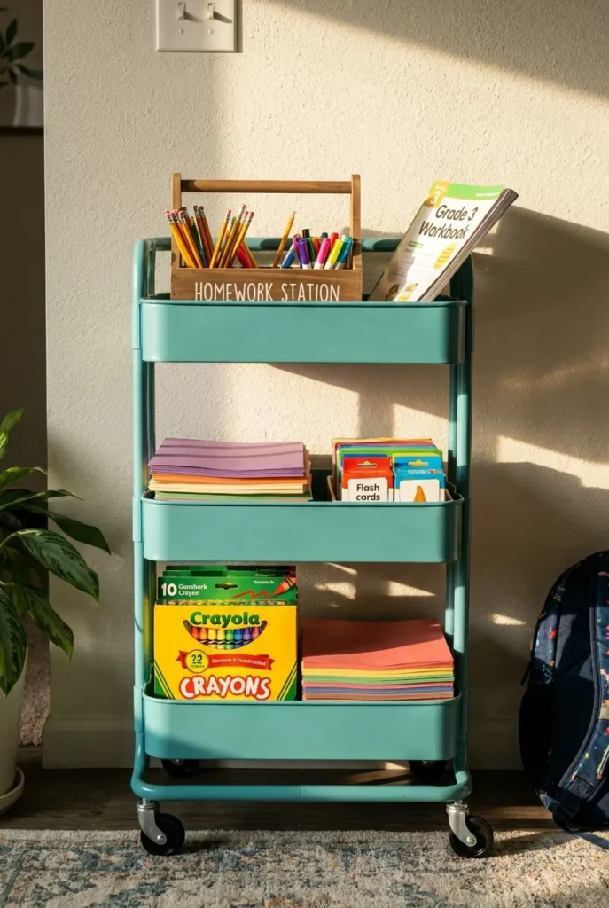 Rolling study cart organized by tier for small space homework
