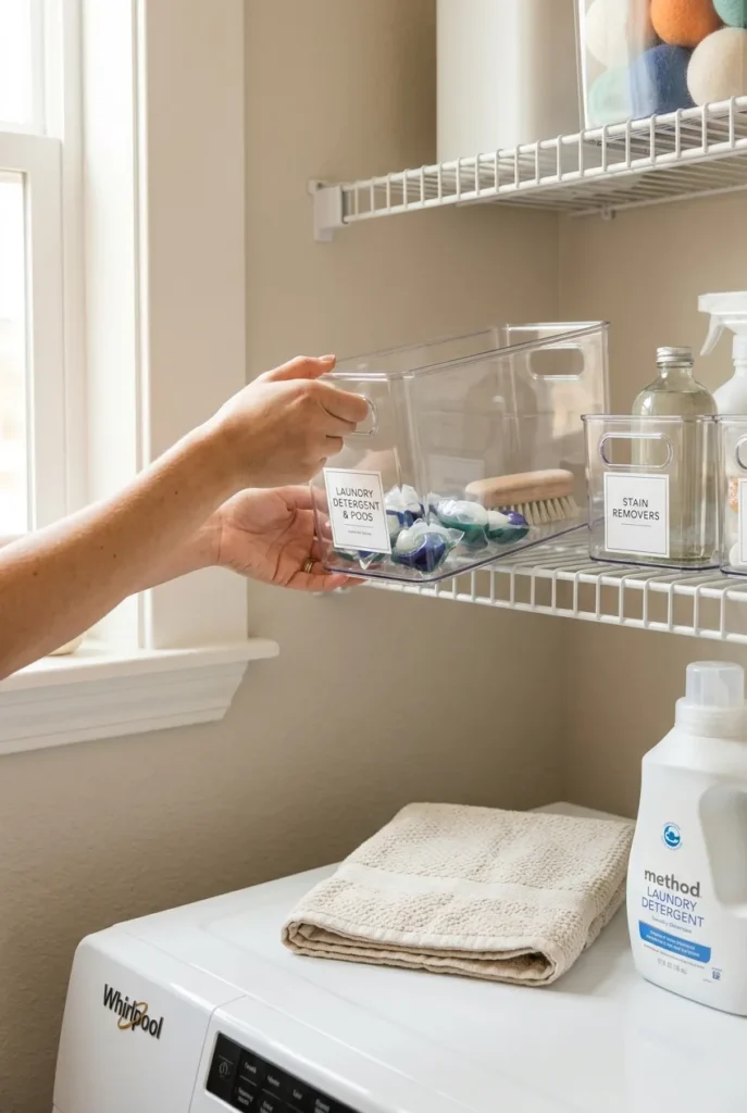 Clear labeled bins on a wire shelf for small laundry room organization above machines