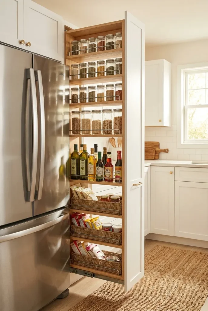 Slim pull-out pantry tower organized by height in a small kitchen