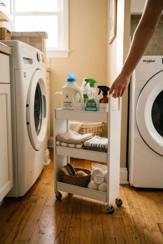 Slim rolling cart between washer and dryer for small laundry room organization
