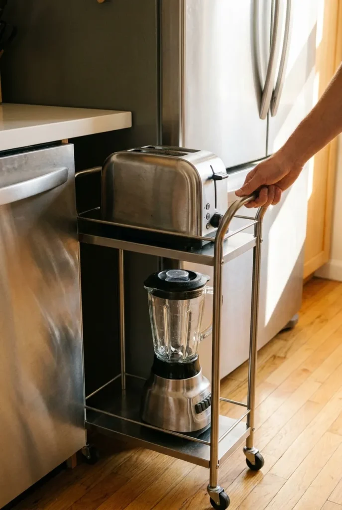 Slim rolling cart parking small appliances beside the fridge in a small kitchen