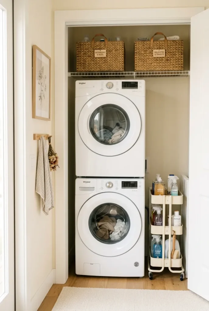 Small laundry room organization in a white closet with stacked washer dryer and shelf