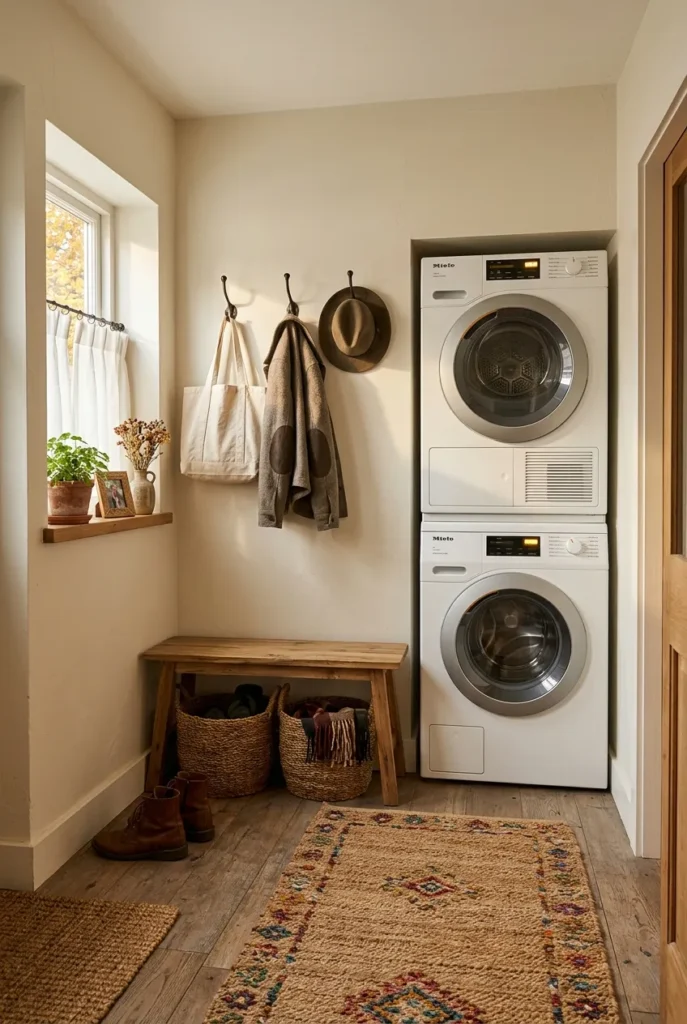 Small narrow mudroom laundry combo with stacked washer dryer and slim bench