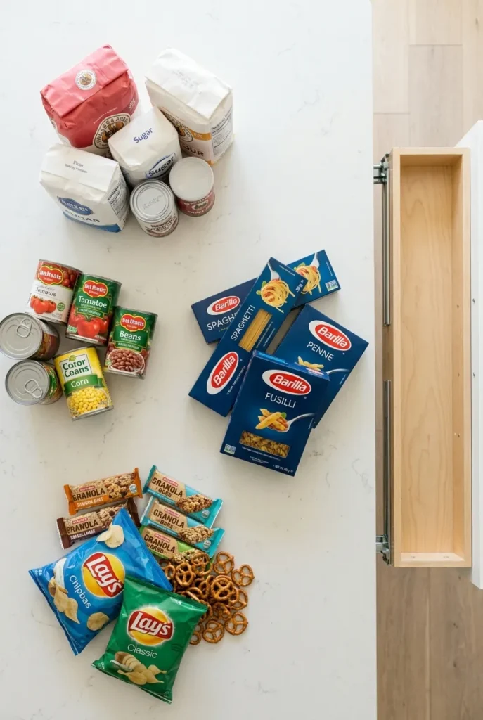 Pantry goods sorted into categories on the counter before organizing pull-out shelves