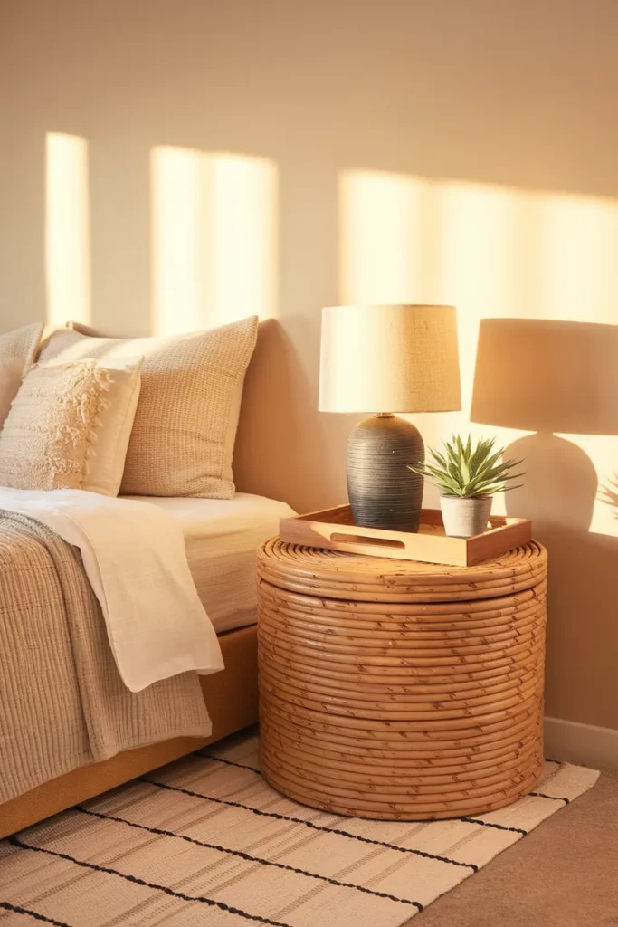 Storage ottoman with a tray used as a nightstand in a small bedroom