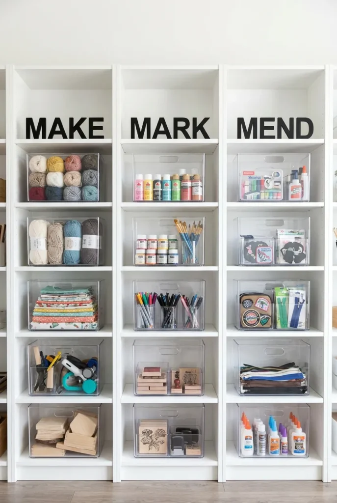 Craft supplies organized by category using the three bin zoning rule