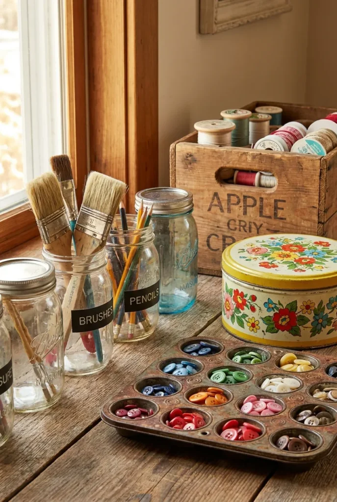 Thrifted jars tins and crates repurposed for budget craft storage