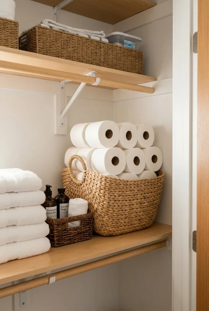Toilet paper stored upright in a woven basket to prevent it falling out