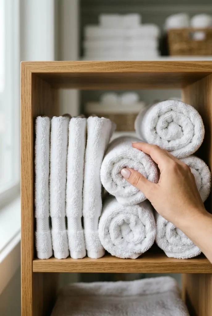 Rolled and vertically filed white towels stored in a bathroom closet shelf