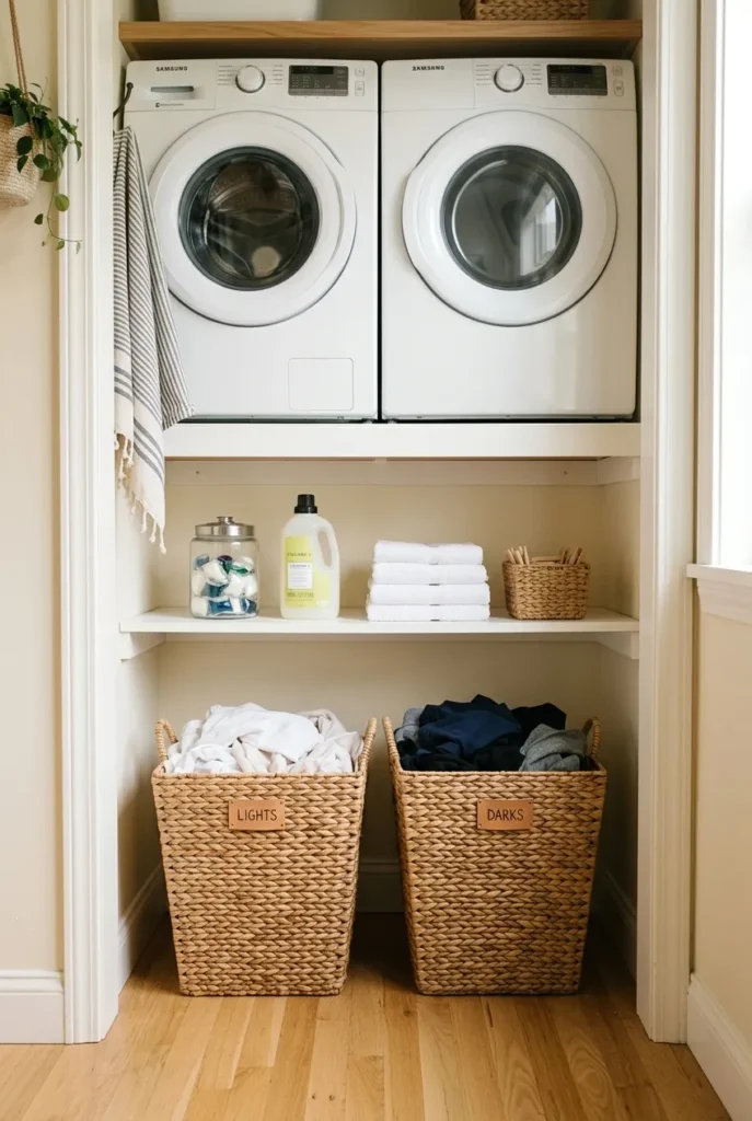 Two labeled sorting baskets for small laundry room organization in a nook