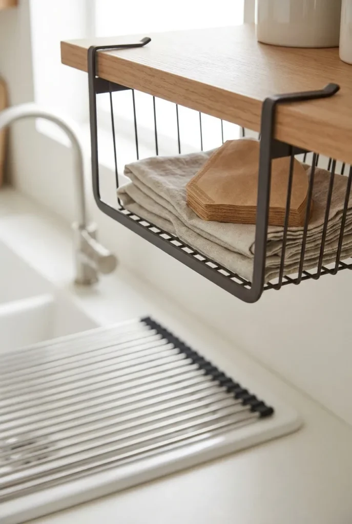 Under-shelf basket and over-sink mat adding hidden storage in a small kitchen