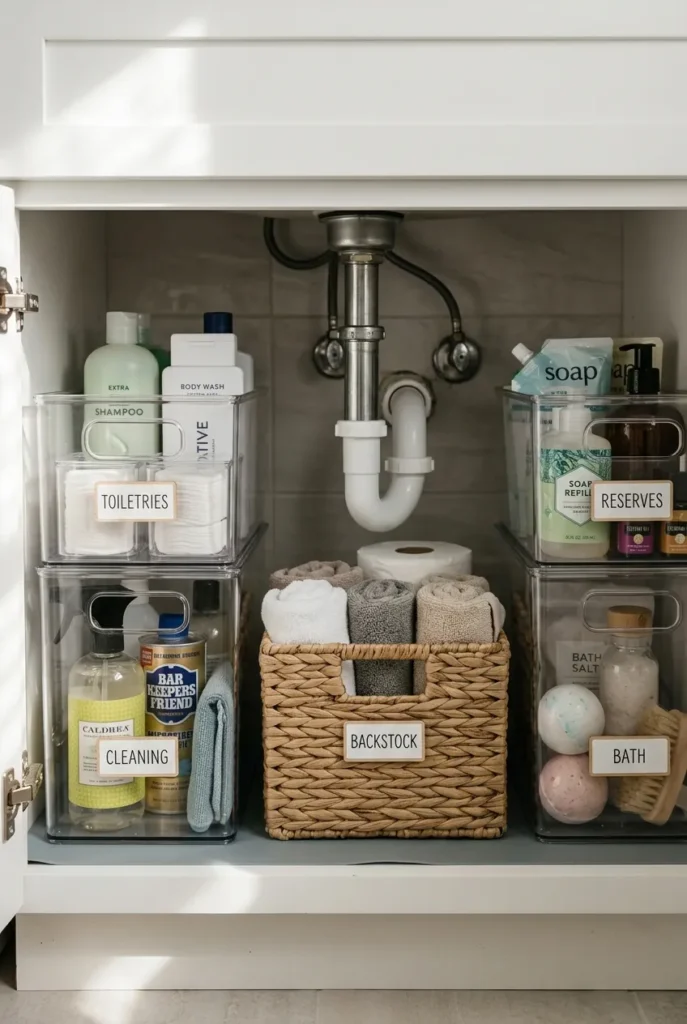 sink bathroom storage using clear bins around the pipe