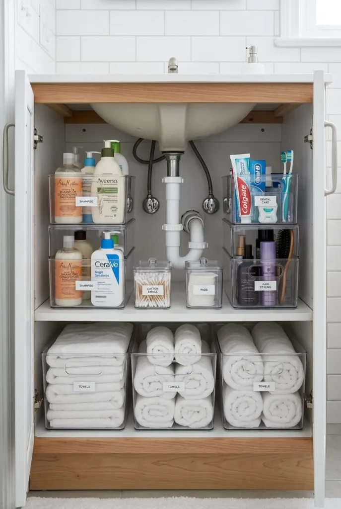 Clear stackable bins organizing under the bathroom sink on a budget