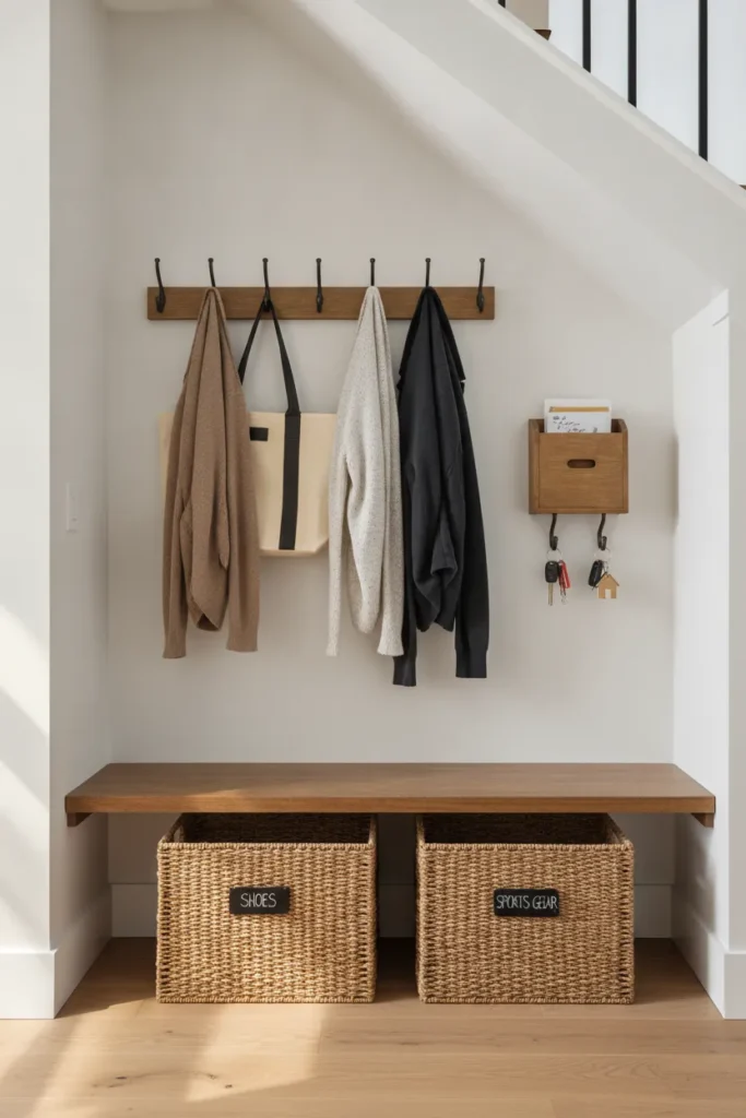 Under stairs drop zone with hooks, bench, and labeled baskets for a family
