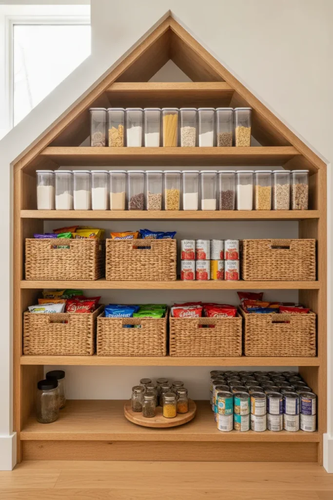 Under stairs pantry with clear OXO POP containers and woven baskets