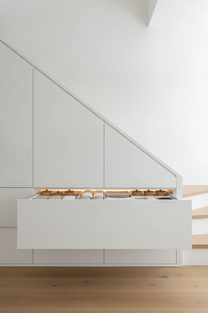 Under stairs pull-out storage drawers built into the staircase side