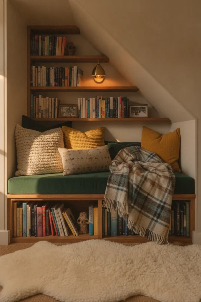 Cozy under stairs reading nook with cushioned bench and warm sconce