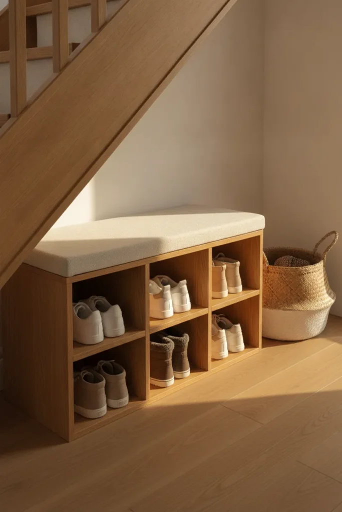 Under stairs shoe storage bench with cubbies and cushioned seat