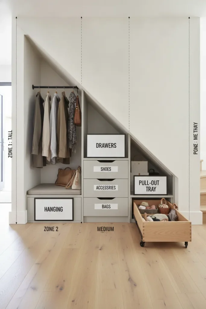 Under stairs storage organized into three height zones for coats, drawers, and trays