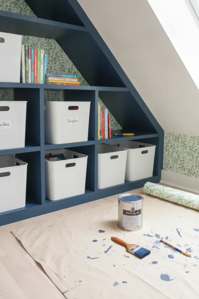 Budget under stairs storage makeover with painted shelves and bins