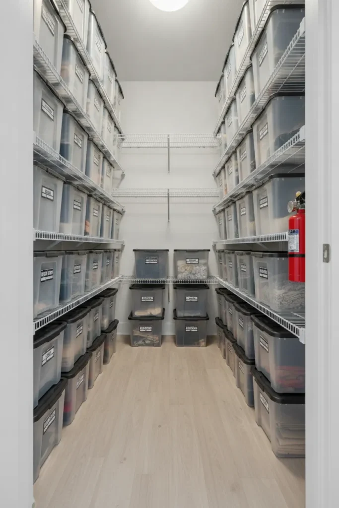 Safe under stairs storage closet with clear path and mounted fire extinguisher
