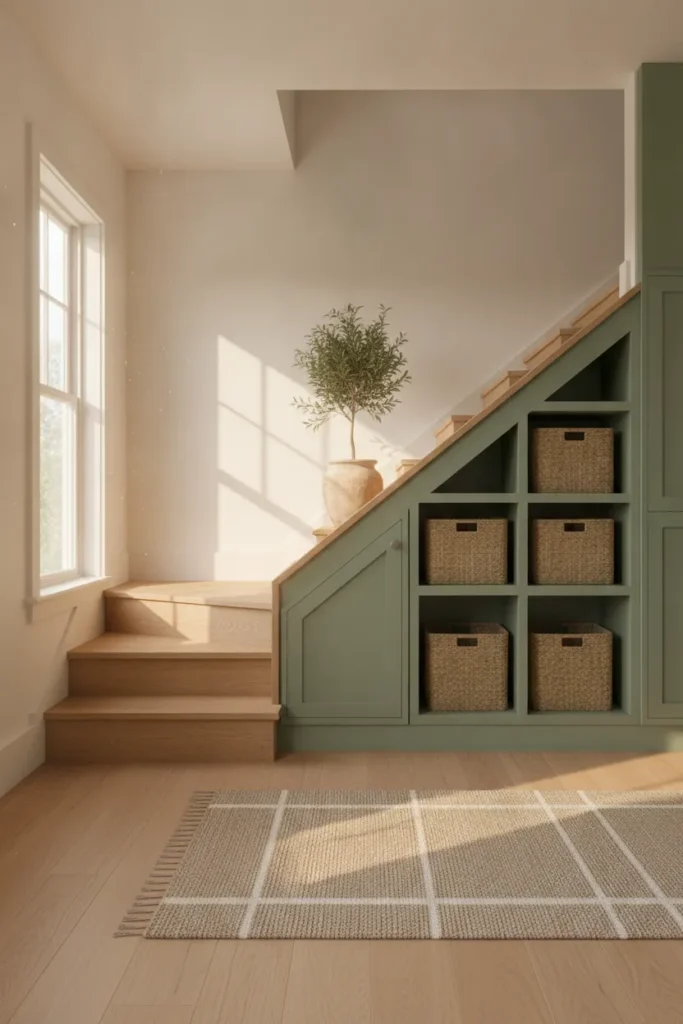 Under stairs storage with sage-green cabinets and woven baskets in a bright entryway