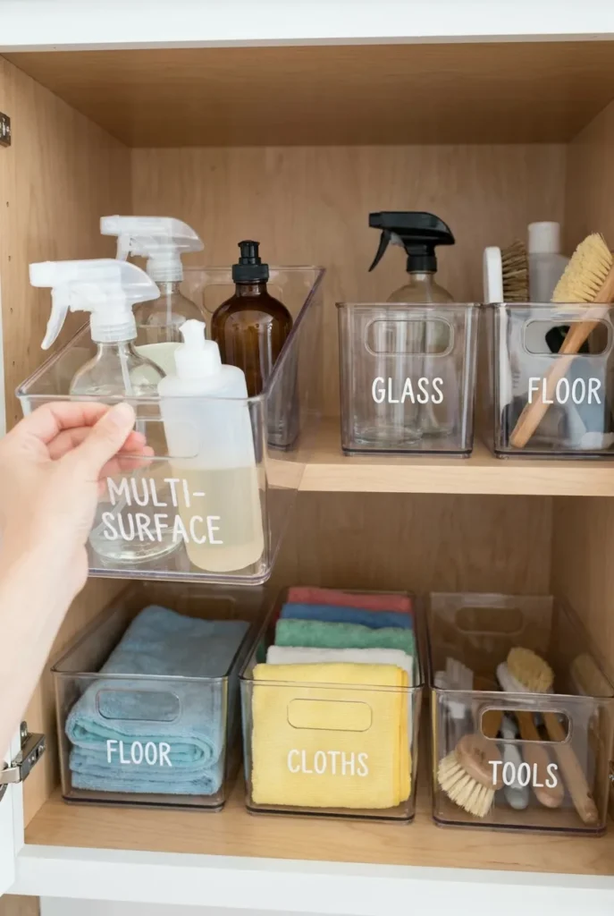 Clear labeled bins grouping cleaning supplies by task on a utility closet shelf