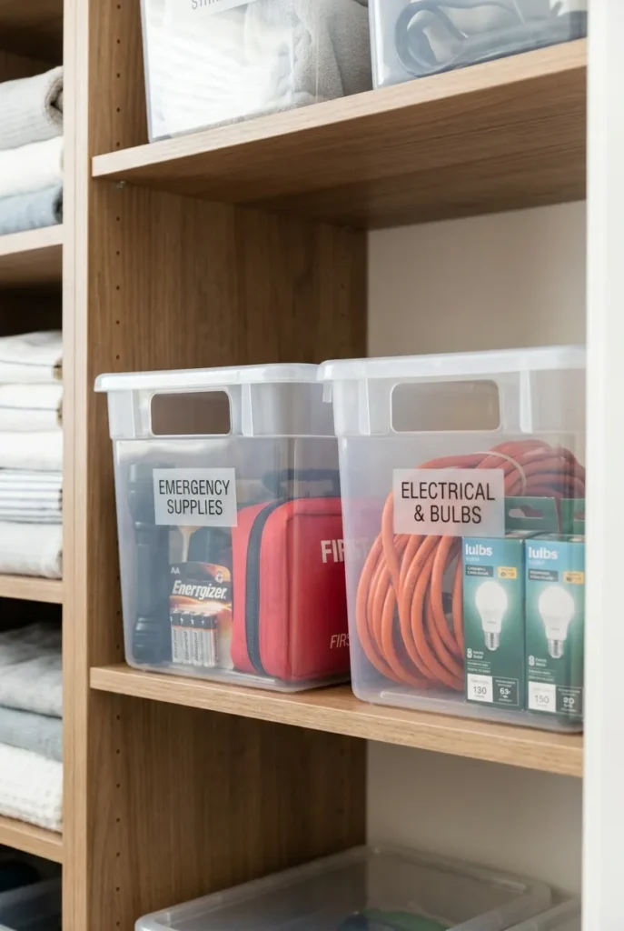 Labeled emergency and hardware bins on a utility closet shelf