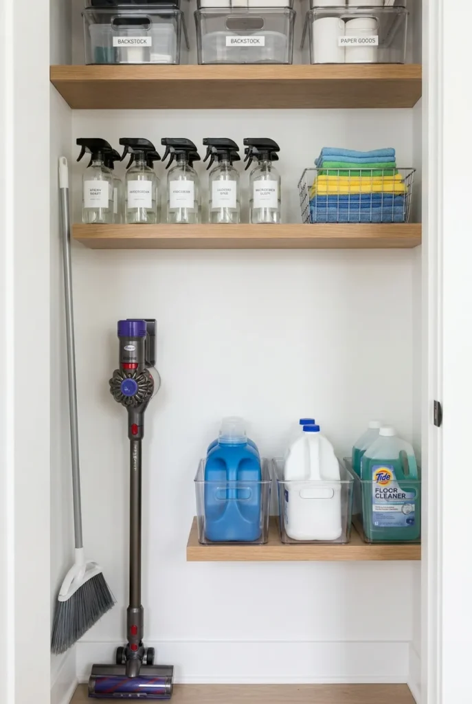 Utility closet organized in five zones from floor tools to eye-level cleaners